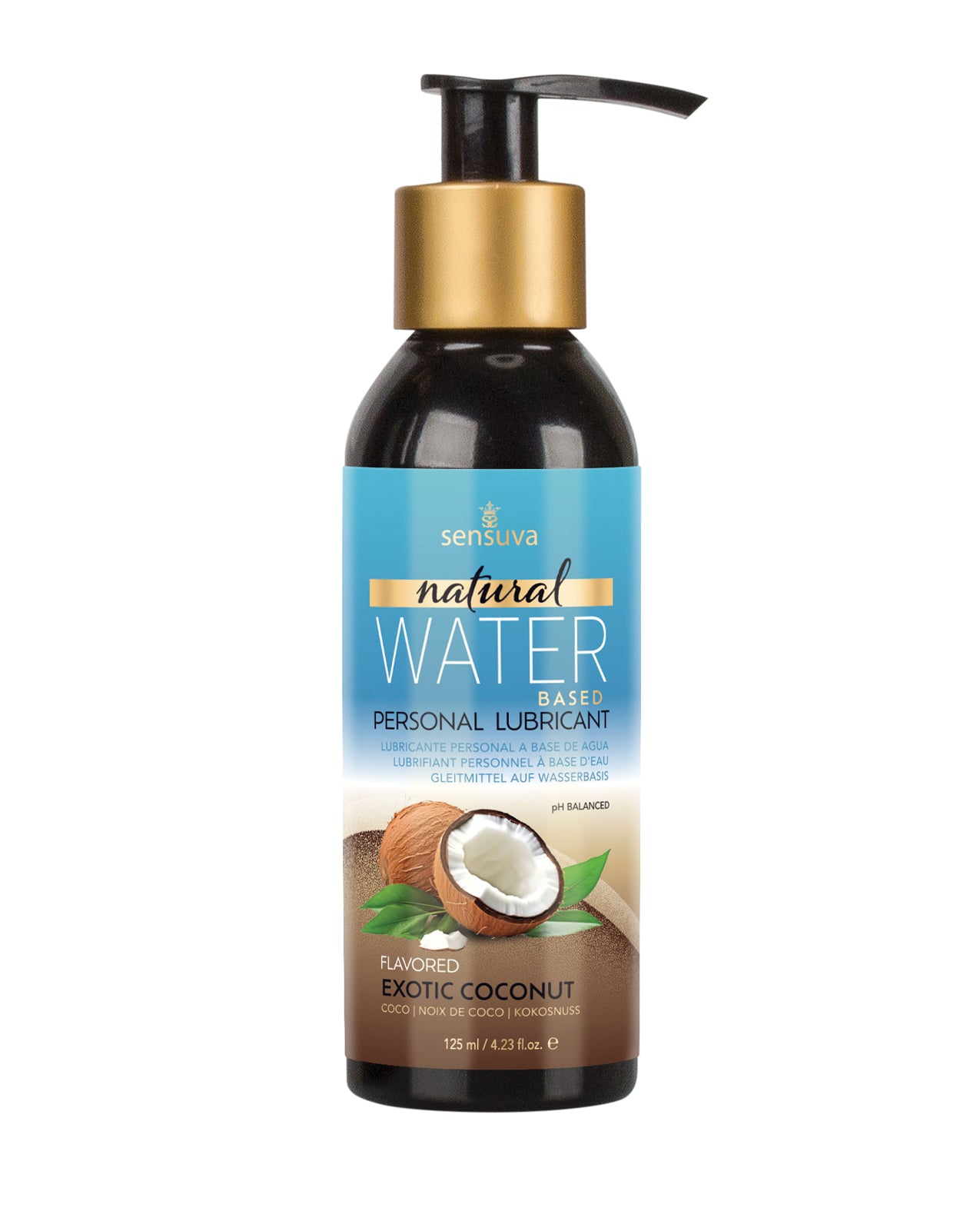 Personal lubricant bottle with coconut flavor on a white background