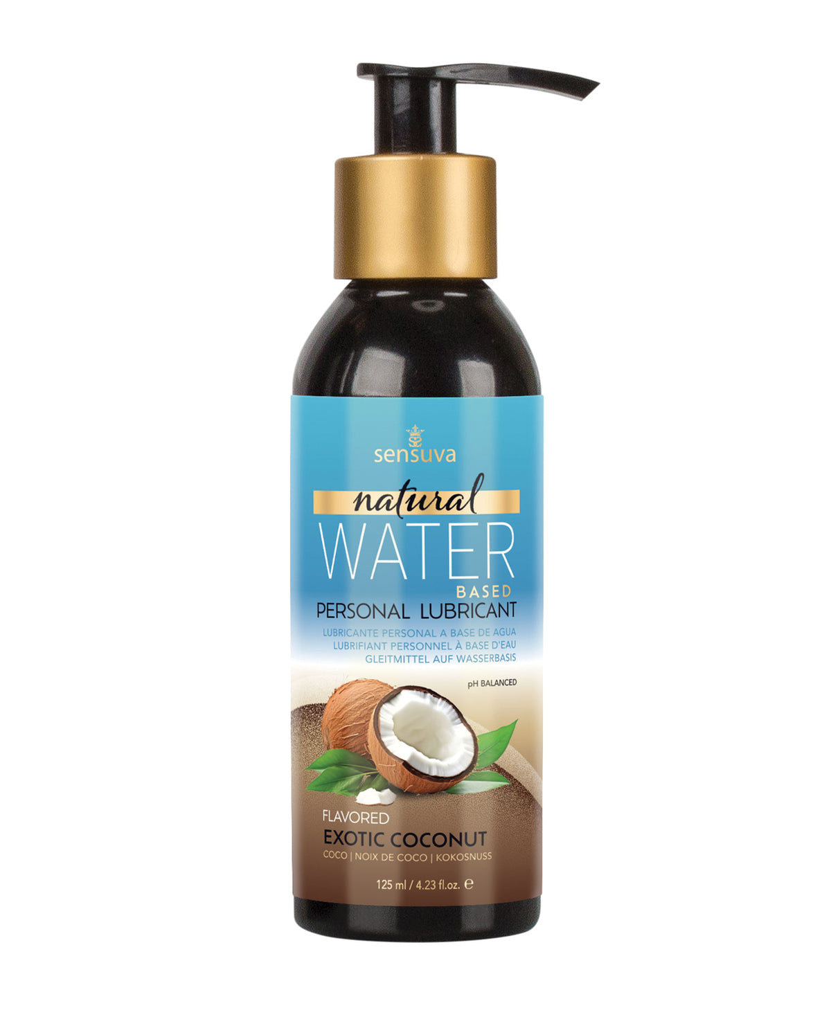 Personal lubricant bottle with coconut flavor on a white background