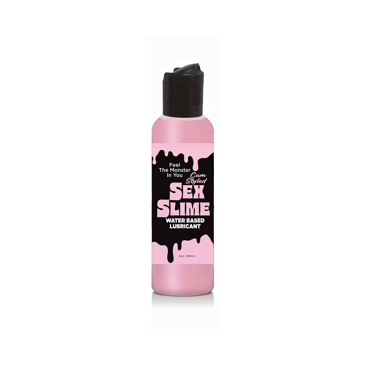 Pink bottle of Sex Slime lubricant on a white background