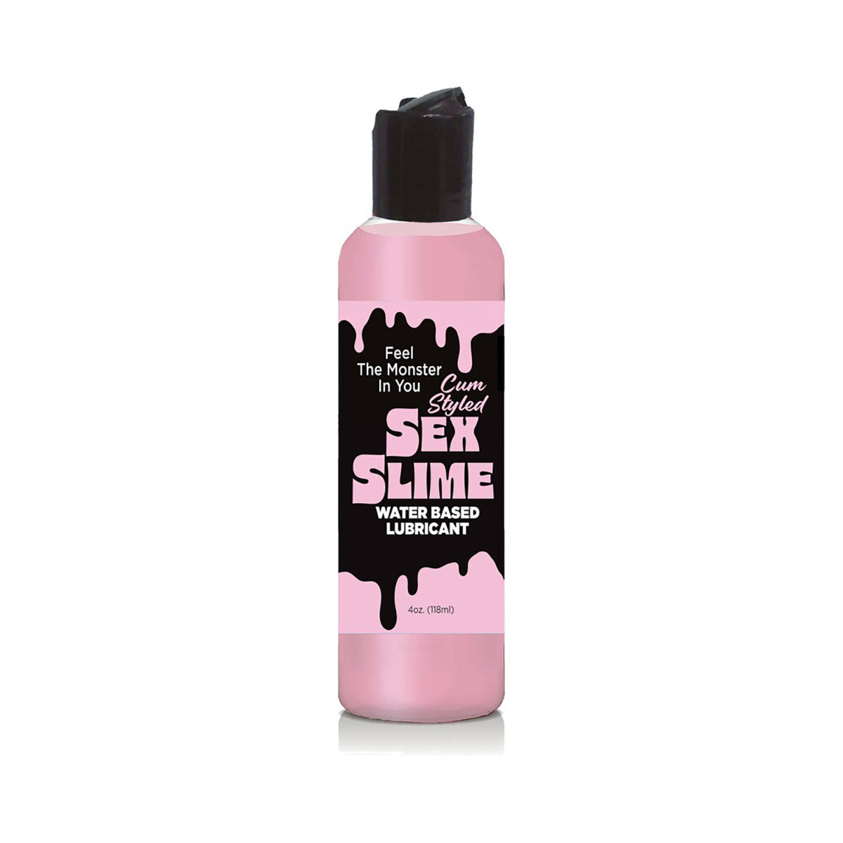 Pink and black bottle of Sex Slime lubricant on a white background