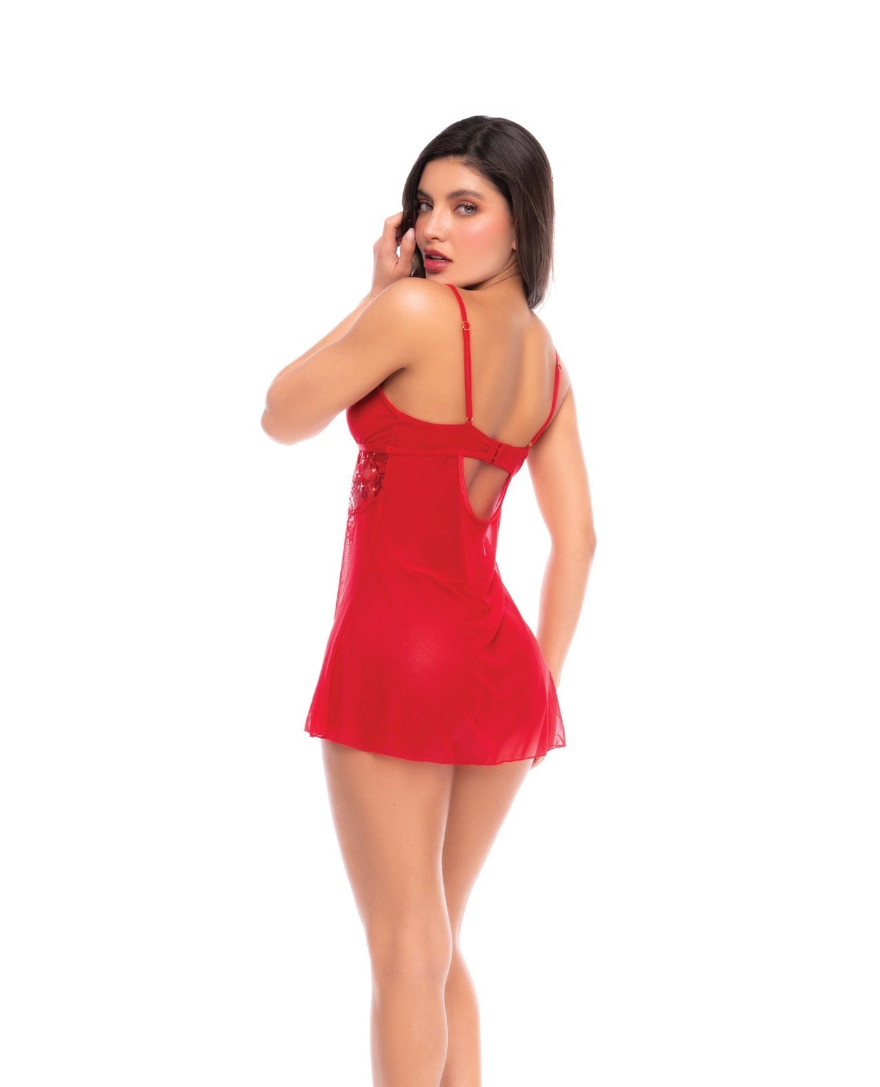 A woman modeling red babydoll lingerie  from the back, featuring thin straps, and a low back cutout, set against a plain white background.