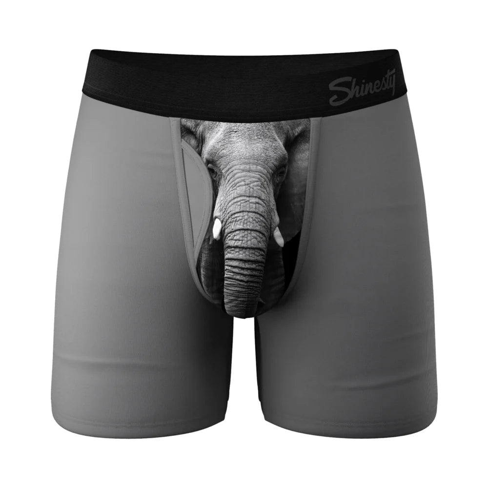Gray boxer briefs with a black elastic waistband featuring the brand name 'Shinesty' in white script. The front of the boxer briefs has a realistic black-and-white photographic print of an elephant's face and trunk.