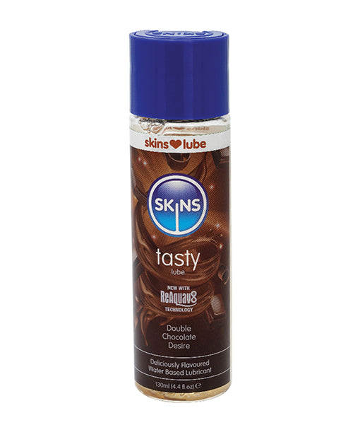 Skins lubricant bottle with blue cap and chocolate flavor text on a white background