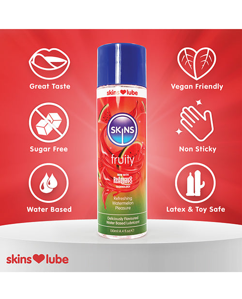 Skins Fruity water-based lubricant bottle with features on a red background