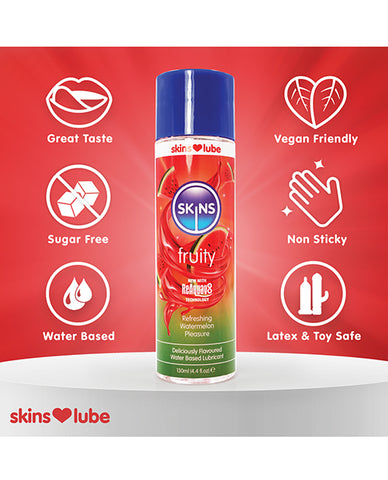 Skins Fruity water-based lubricant bottle with features on a red background