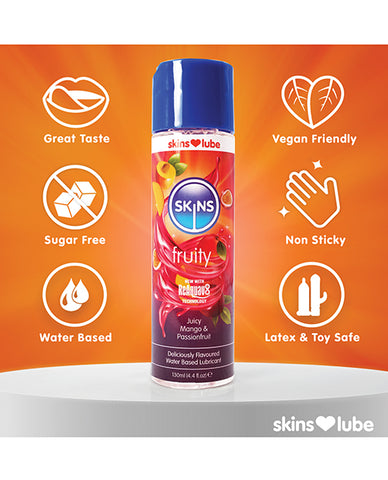 Skins lubricant bottle with features on an orange background