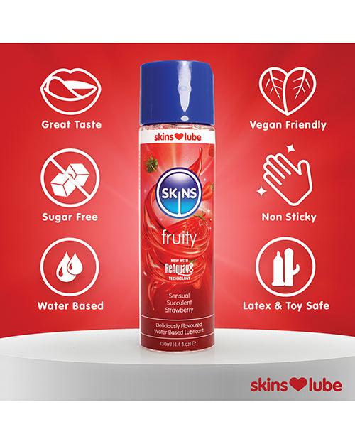 Skins fruity lubricant bottle with features on a red background