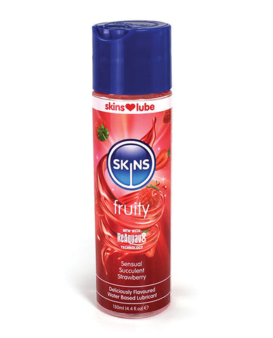 Skins fruity lubricant bottle with blue cap and red label on a white background