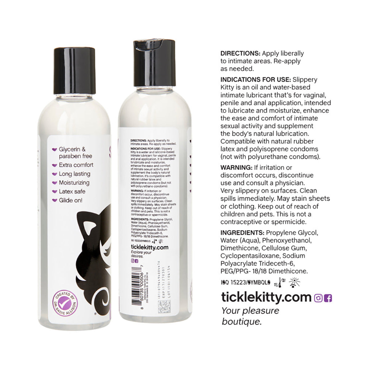 Two bottles of Tickle Kitty lubricant with labels and branding details on a white background.