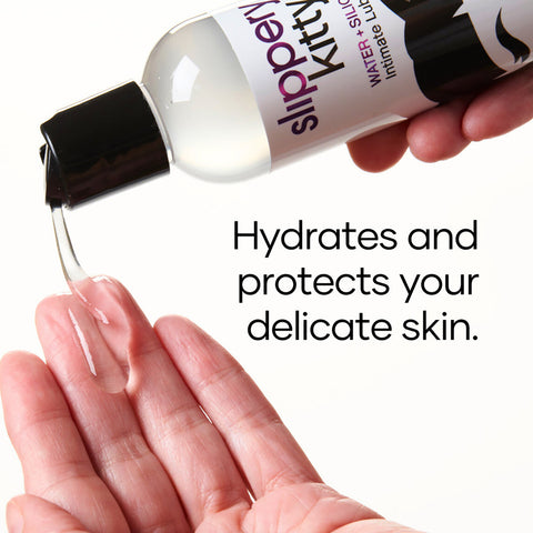Hand applying slippery Kitty intimate lubricant to skin with text 'Hydrates and protects your delicate skin.'