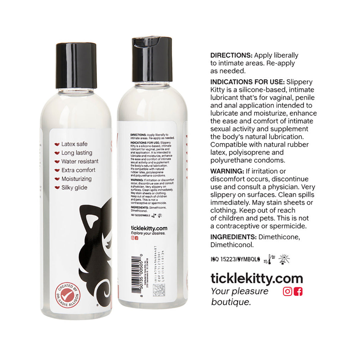 Two bottles of 'Slippery Kitty' lubricant with labels and directions on a white background.