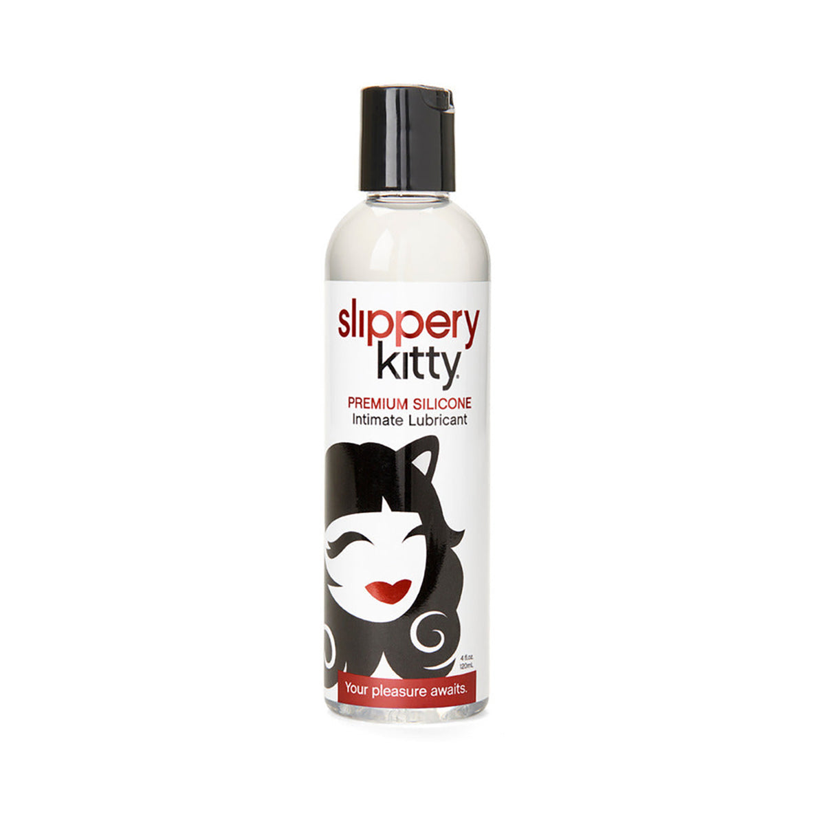 Bottle of Slippery Kitty lubricant on a white background