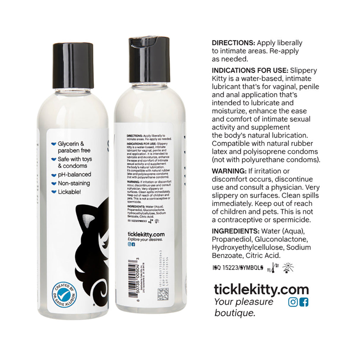 Two bottles of Slippery Kitty lubricant with labels and directions on a white background.
