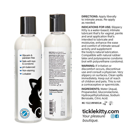 Two bottles of Slippery Kitty lubricant with labels and directions on a white background.