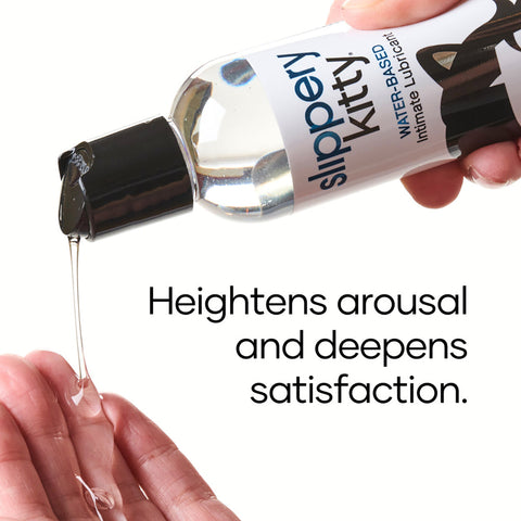 Bottle of Slippery Kitty water-based lubricant being dispensed with text about its effects.
