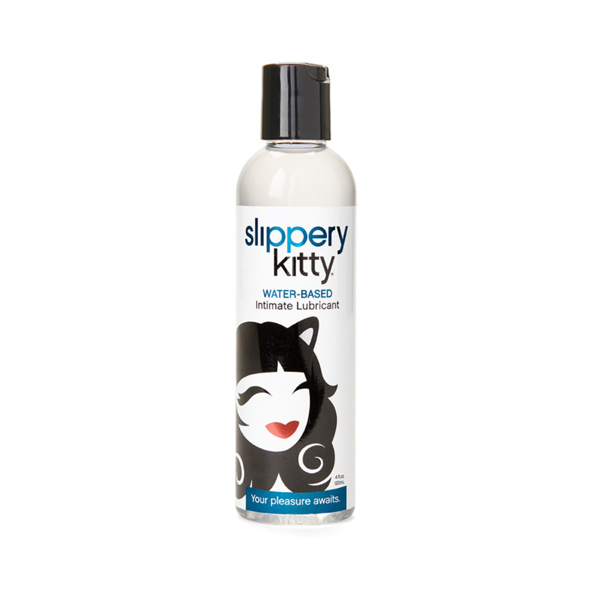 Bottle of Slippery Kitty water-based lubricant on a white background
