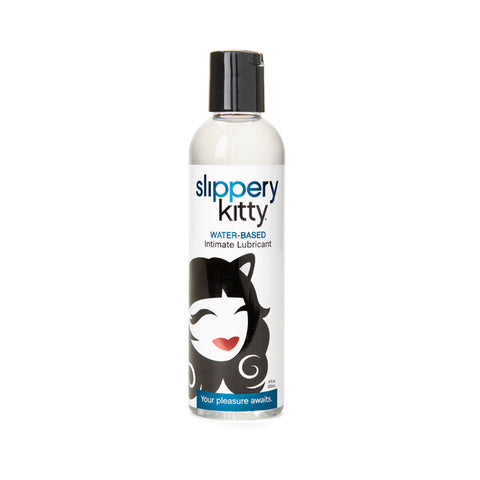 Bottle of Slippery Kitty water-based lubricant on a white background
