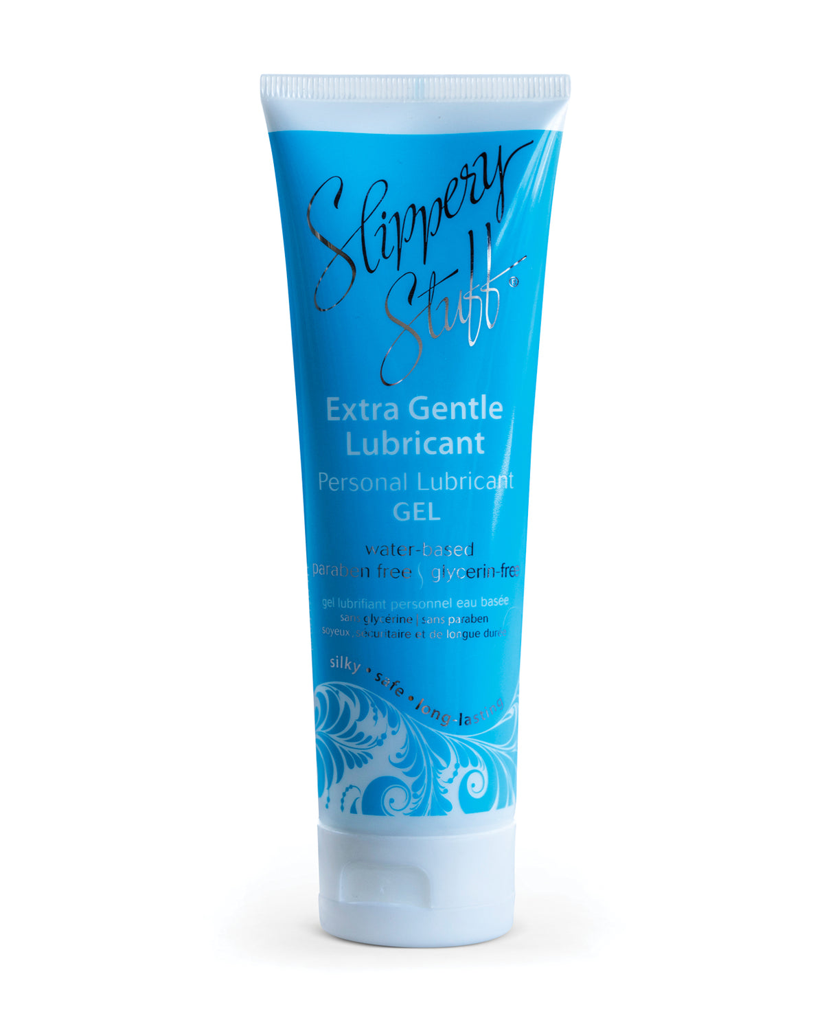 Tube of Slippery Stuff Extra Gentle Lubricant on a white background