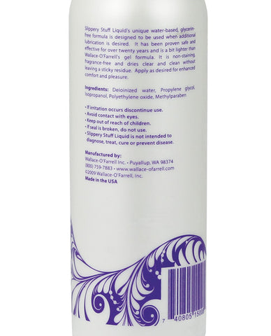The back of a bottle of Slippery Stuff Liquid. The bottle is pearlescent and has a purple swirly design at the bottom.