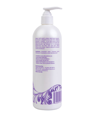 The back of a pump-style bottle of Slippery Stuff Liquid. The bottle is pearlescent and has a purple swirly design at the bottom.