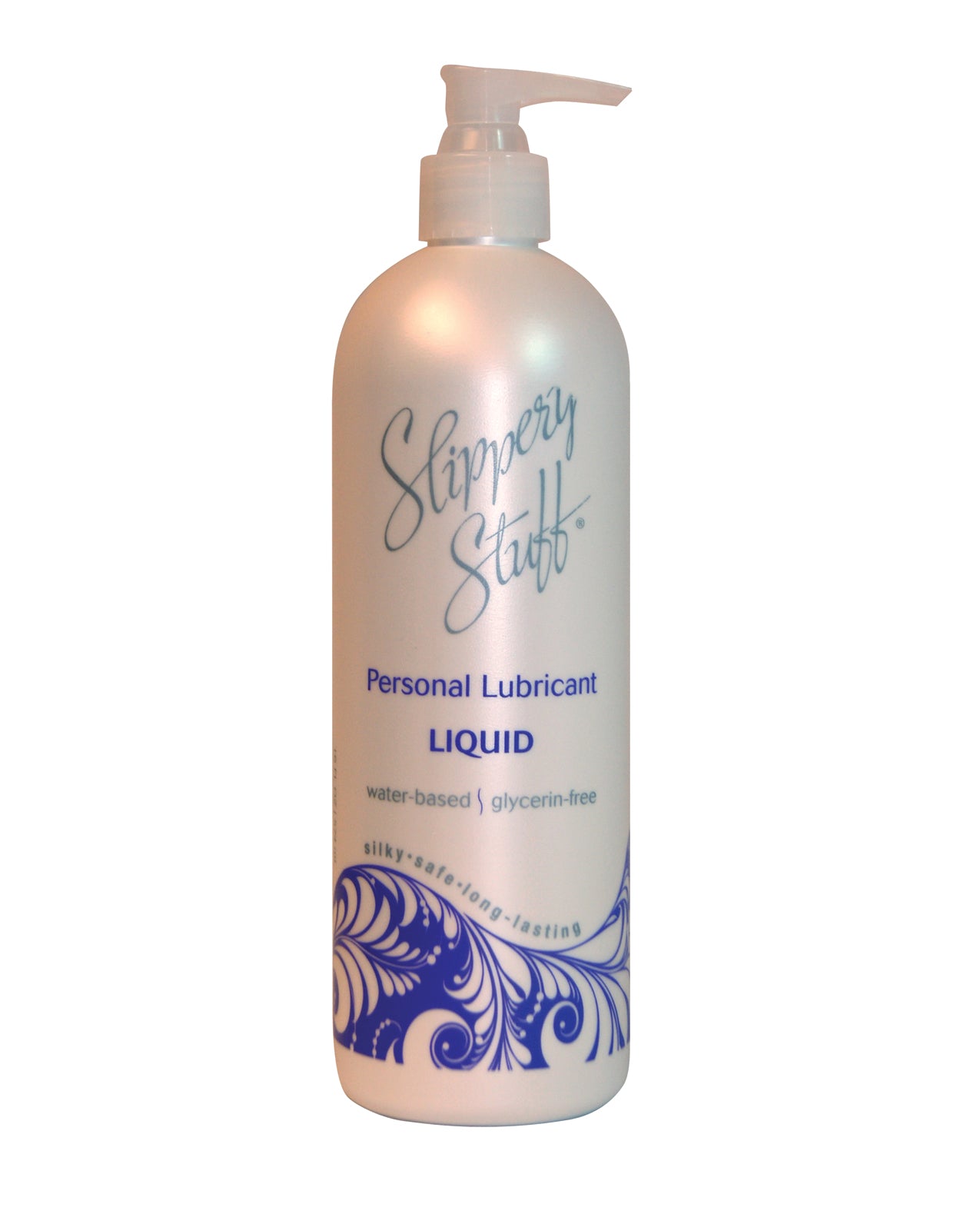A pump-style bottle of Slippery Stuff Liquid. The bottle is pearlescent and has a purple swirly design at the bottom.