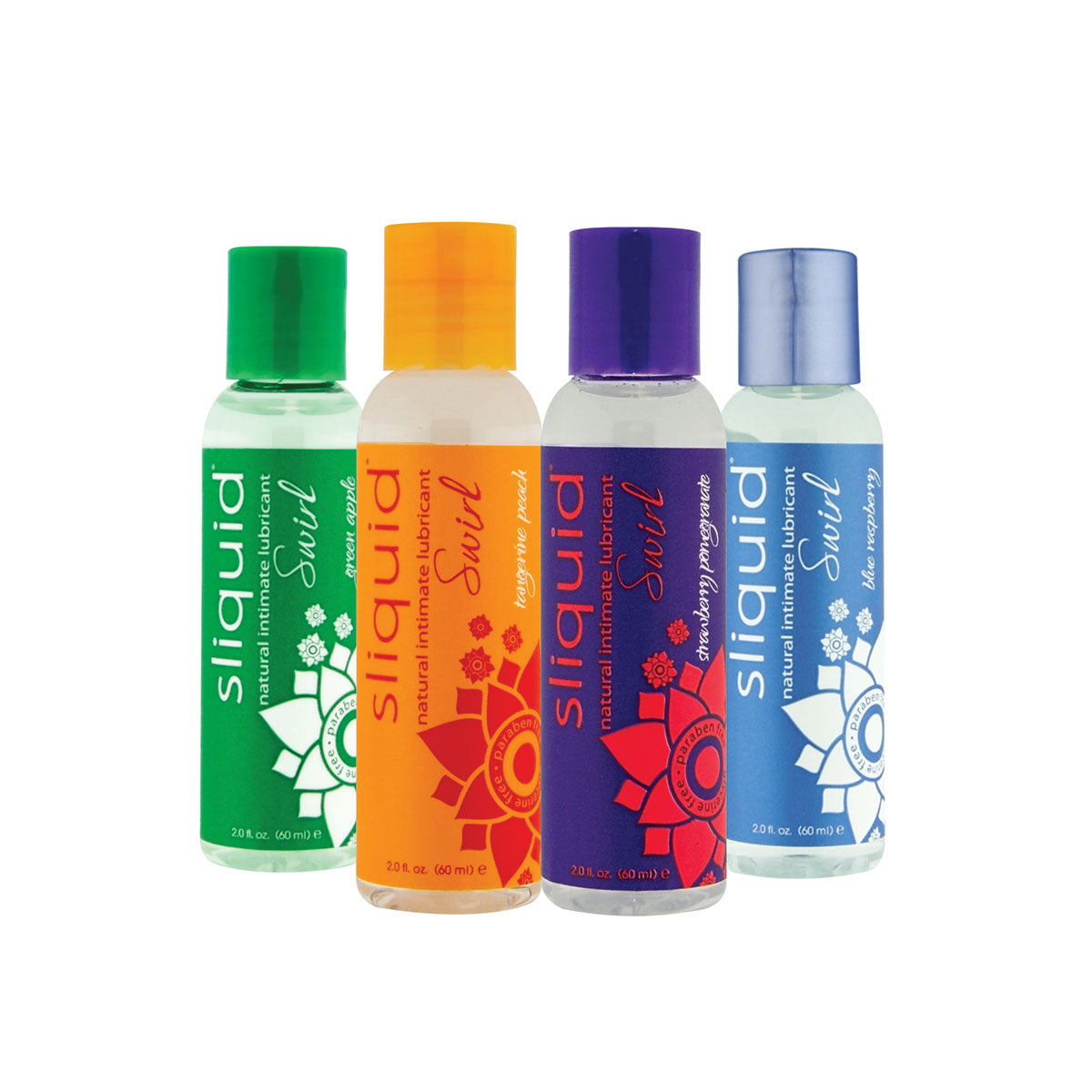 Four bottles of Sliquid Sweet lubricant with colorful caps on a white background