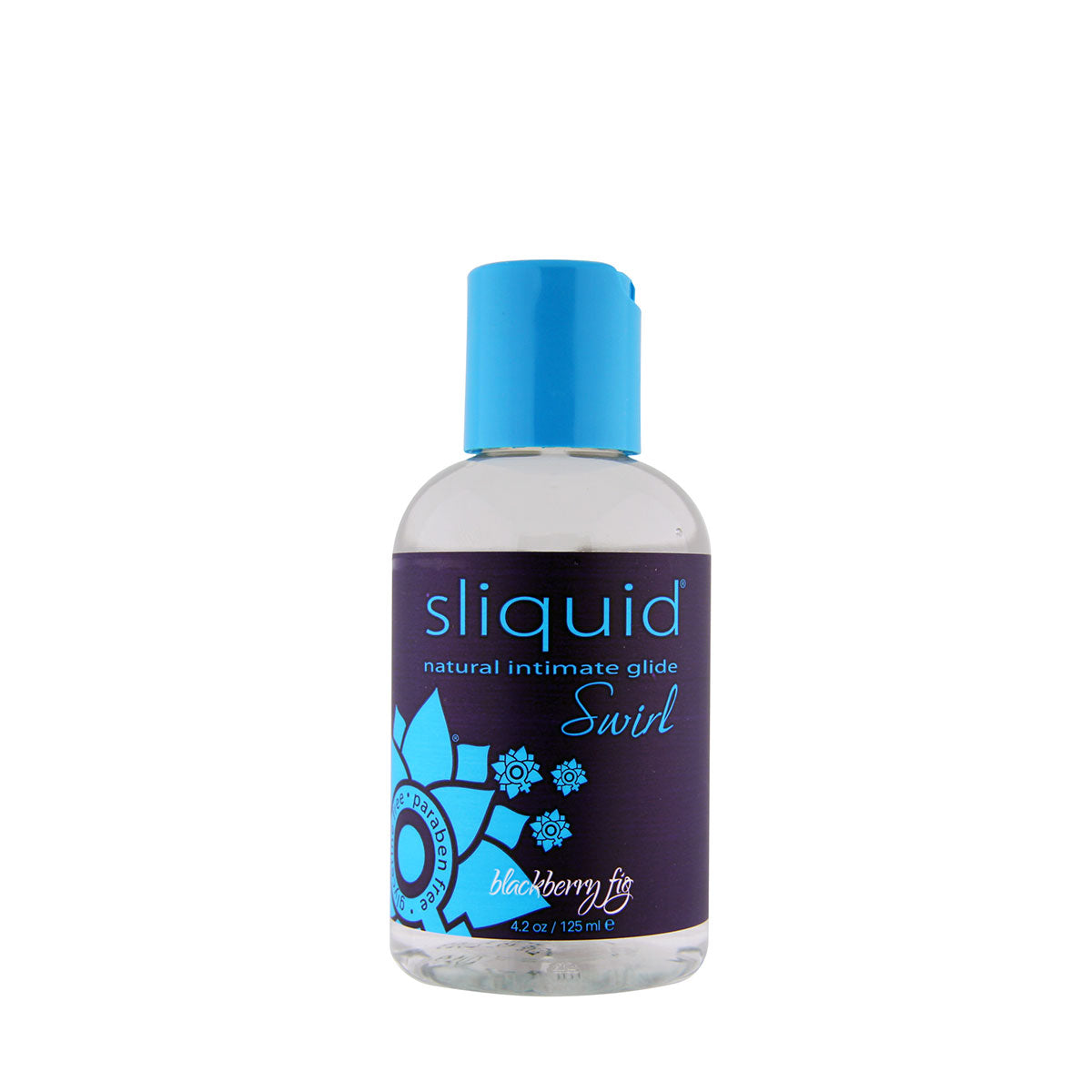Sliquid natural intimate glide Swirl bottle with blue cap and label on a white background