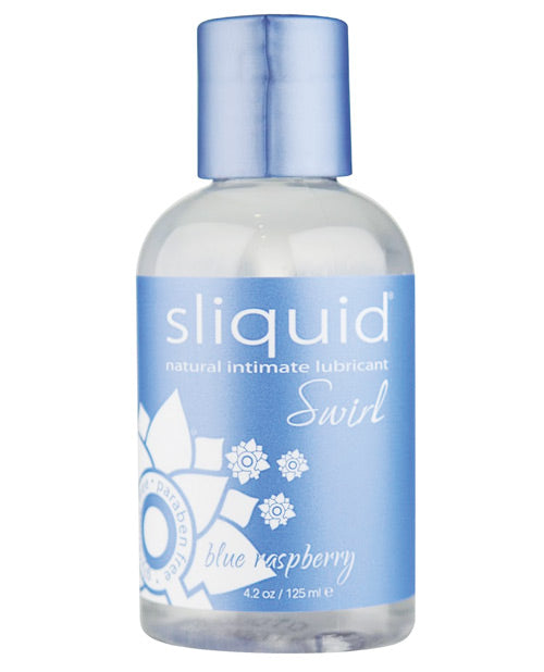 Sliquid natural intimate lubricant bottle with blue cap and label on a white background