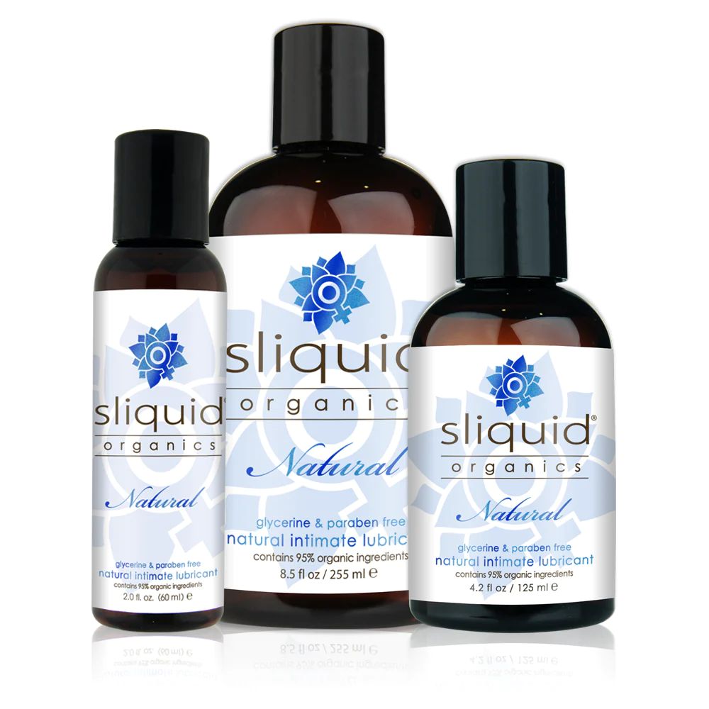 Three bottles of sliquid organics natural lubricant on a white background
