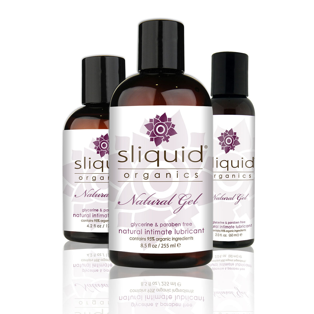 Three bottles of Sliquid Organics Natural Gel on a white background