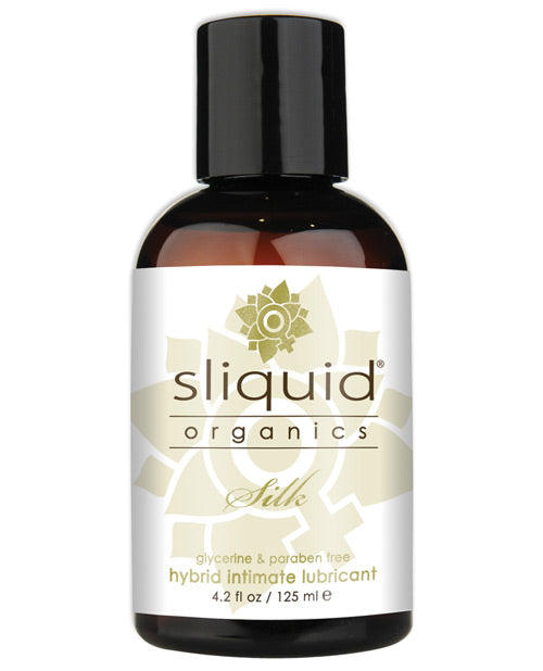 Sliquid Organics Silk hybrid intimate lubricant bottle on a white background
