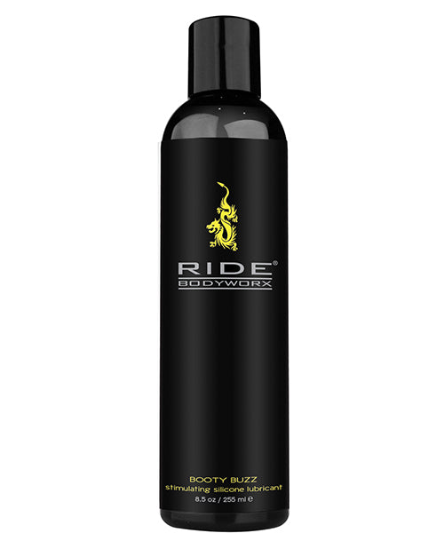 Black bottle of Ride Bodyworx Booty Buzz on a white background