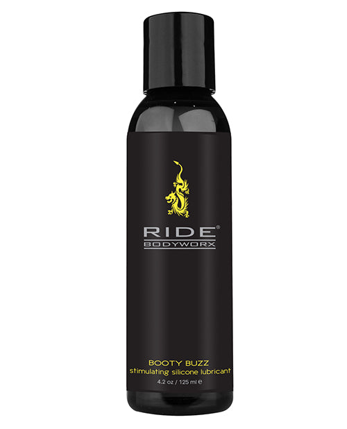 Black bottle of Ride Bodyworx Booty Buzz lubricant on a white background