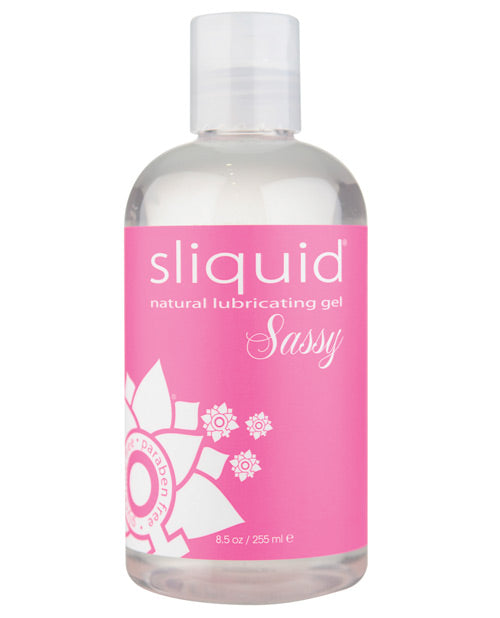 Bottle of sliquid natural lubricating gel with a pink label on a white background