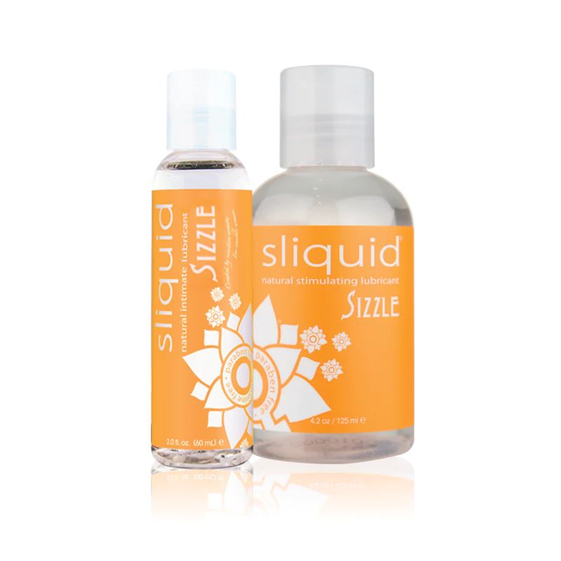 Two bottles of Sliquid Sizzle lubricant on a white background