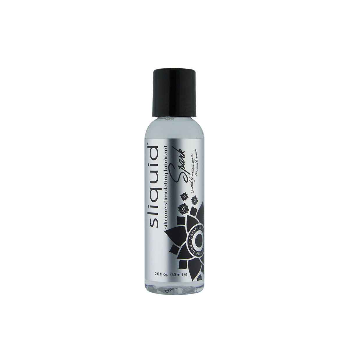 Silicone lubricant bottle with black cap on a white background