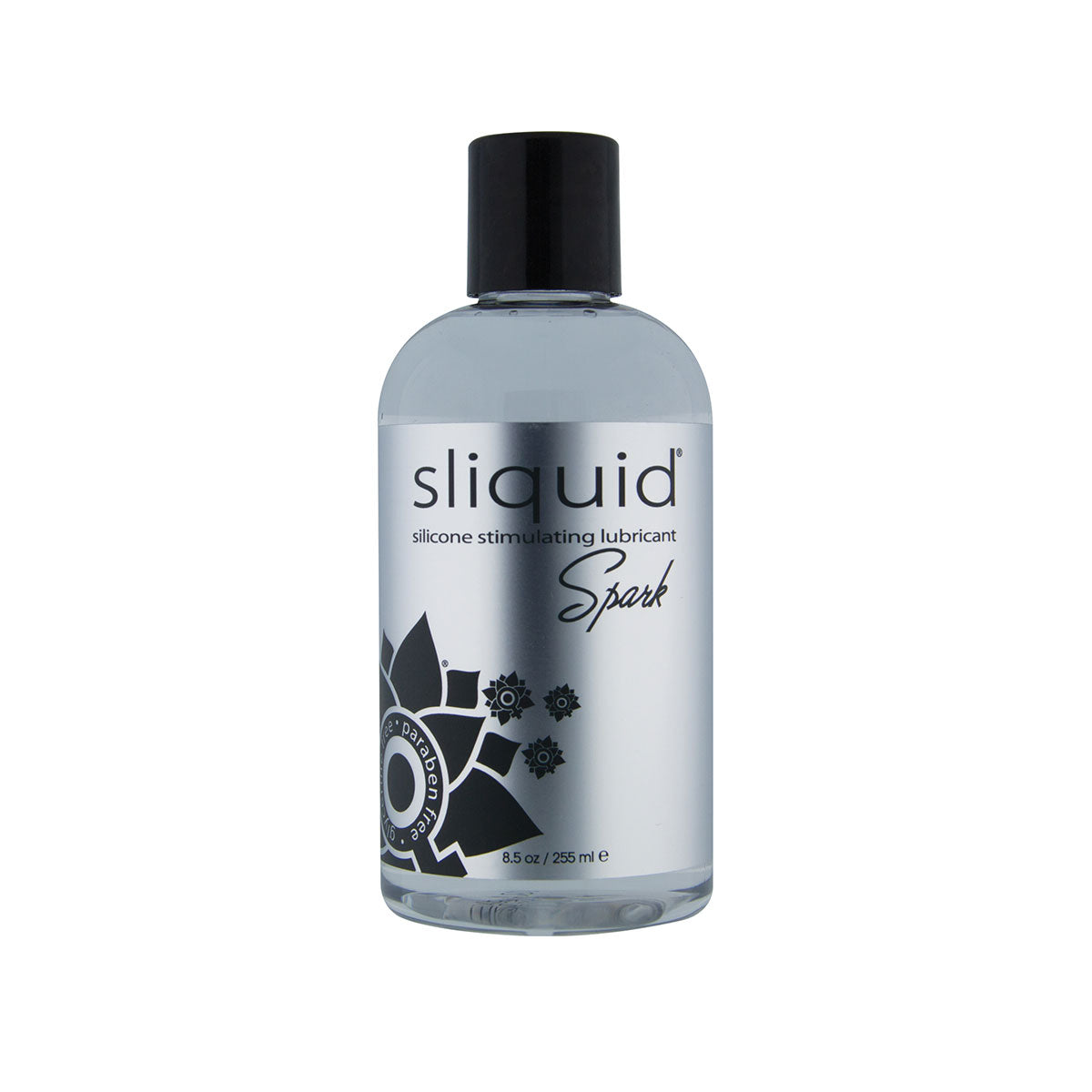 Sliquid silicone stimulating lubricant bottle on a white background