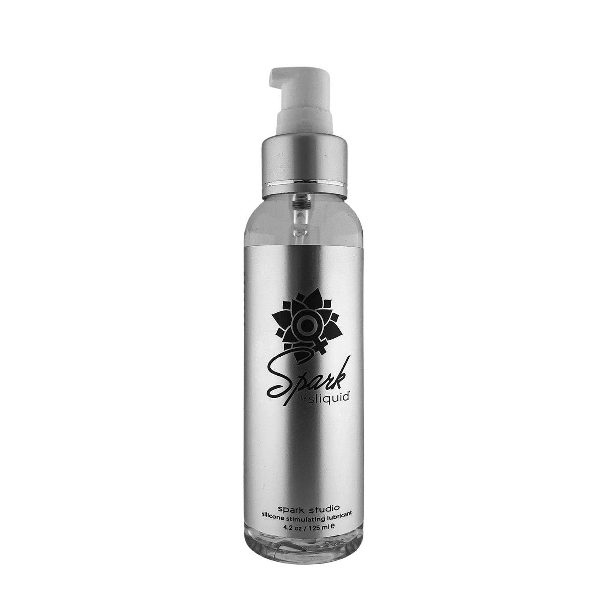 Silver bottle with pump dispenser labeled 'Spark' on a white background