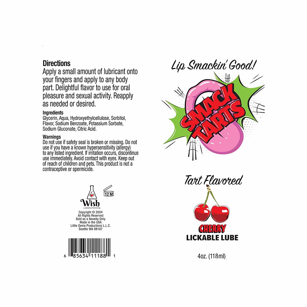 Label of a cherry-flavored lickable lube product with text and graphics.
