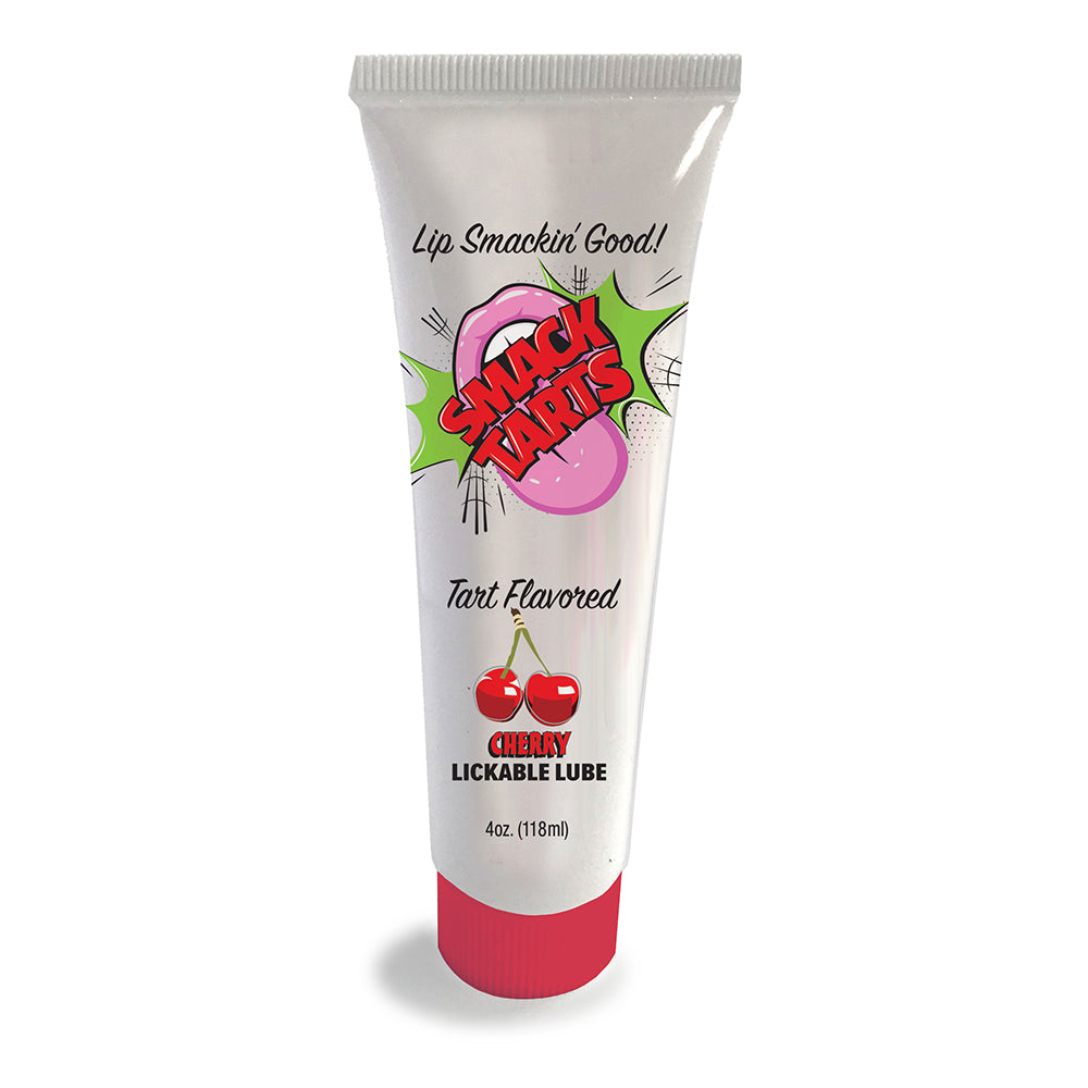 Tube of cherry-flavored lickable lube with branding on a white background