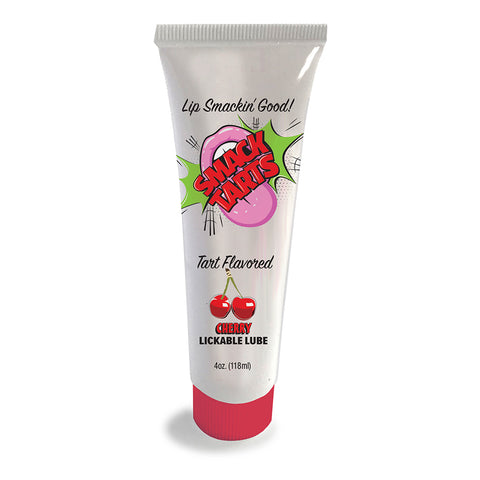 Tube of cherry-flavored lickable lube with branding on a white background