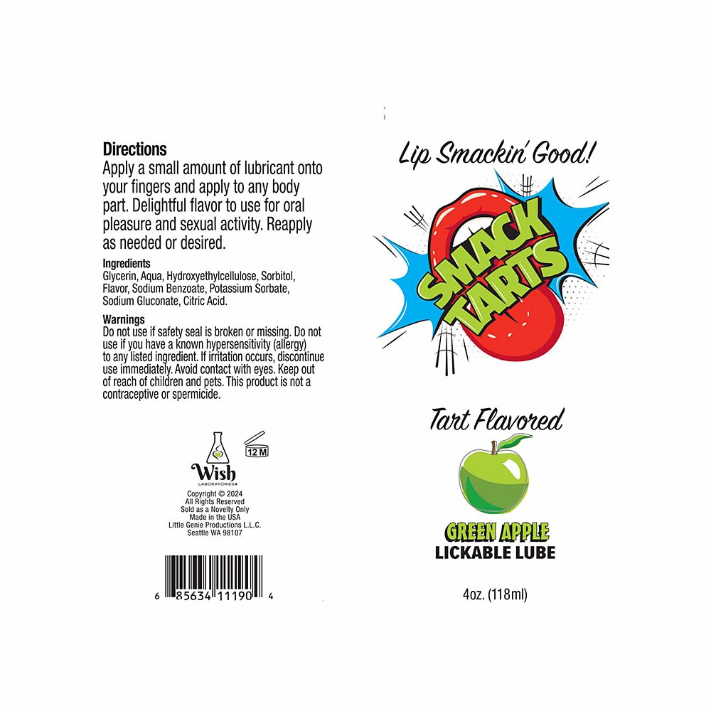 Label of a green apple-flavored lickerable lubricant with branding and product details.
