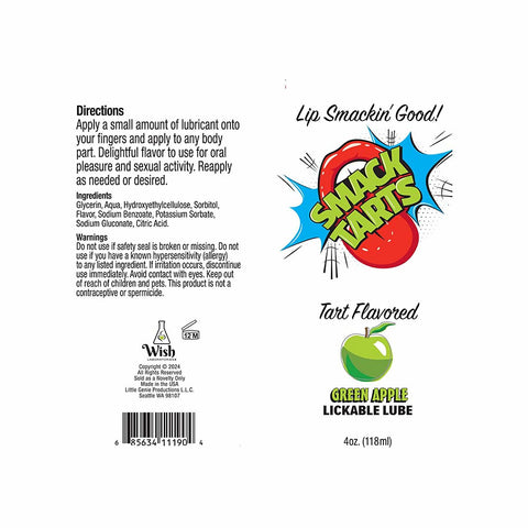 Label of a green apple-flavored lickerable lubricant with branding and product details.