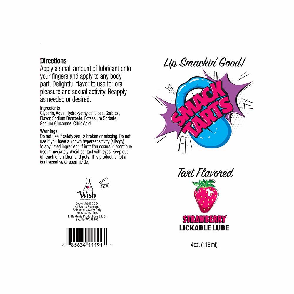 Label of strawberry-flavored lickable lube with branding and product details.