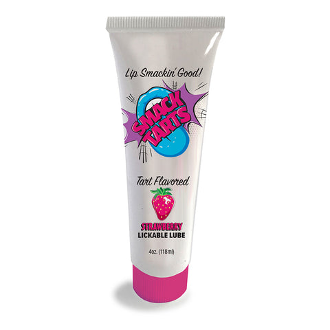 Tube of strawberry lickable lube with colorful branding on a white background