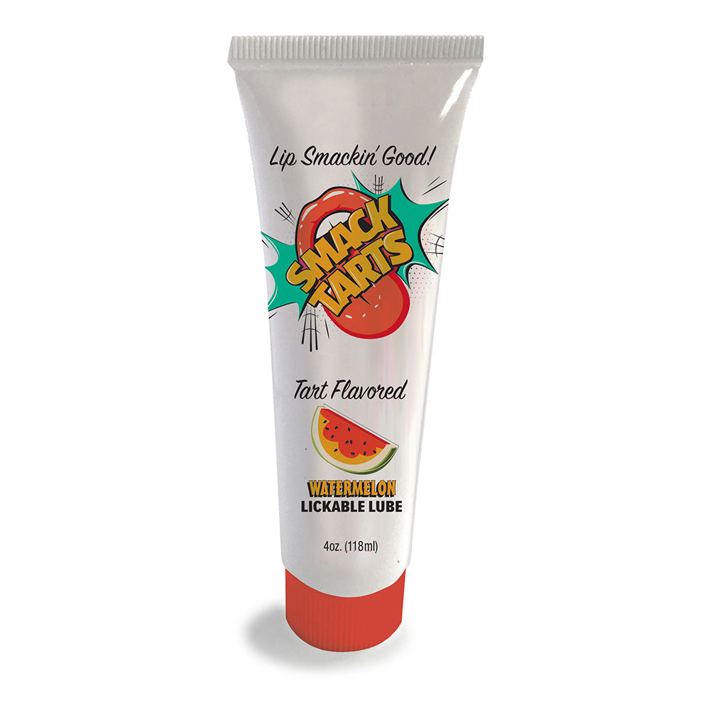 Tube of watermelon-flavored lickable lube with colorful design on a white background