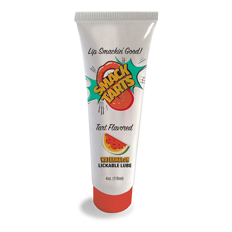 Tube of watermelon-flavored lickable lube with colorful design on a white background