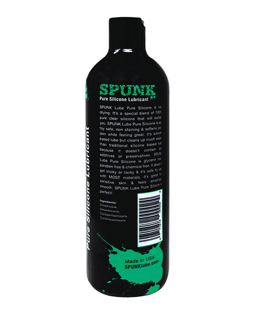Black bottle of SPUNK Pure Silicone Lubricant with green text on a white background
