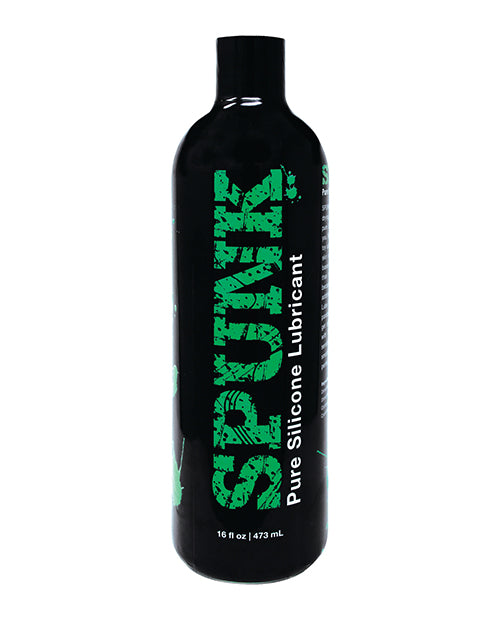Black bottle of Pure Silicone Lubricant with green text on a white background