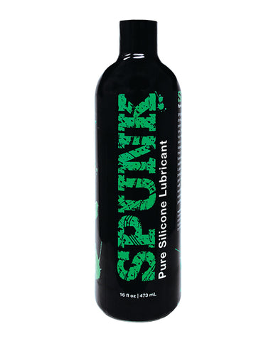 Black bottle of Pure Silicone Lubricant with green text on a white background